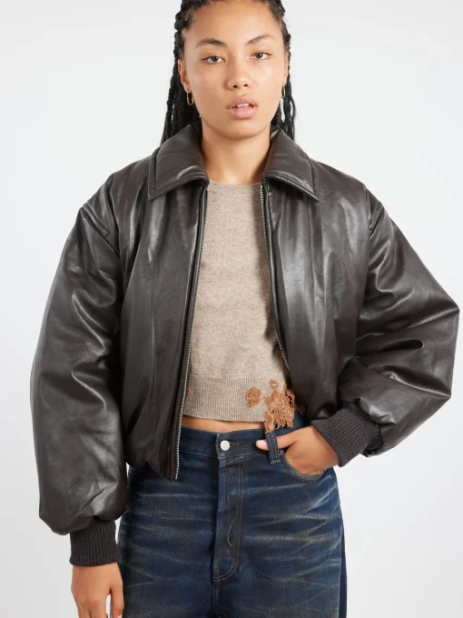 Clearance - Coated Bomber Jacket in Dark Brown Women Outerwear