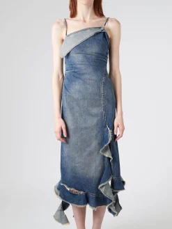 Discount - Delouise Ruffle Strap Denim Dress in Mid Blue Women Dresses | Denim
