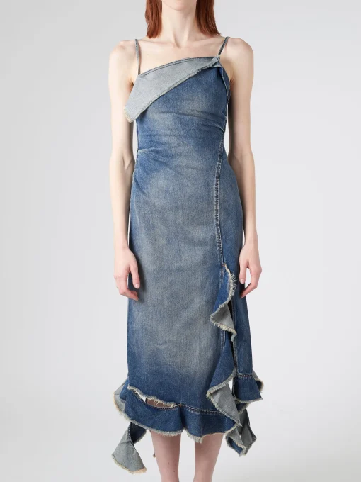 Discount - Delouise Ruffle Strap Denim Dress in Mid Blue Women Dresses | Denim