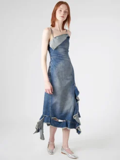 Discount - Delouise Ruffle Strap Denim Dress in Mid Blue Women Dresses | Denim
