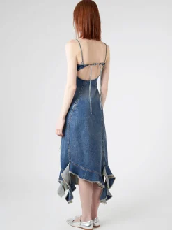 Discount - Delouise Ruffle Strap Denim Dress in Mid Blue Women Dresses | Denim