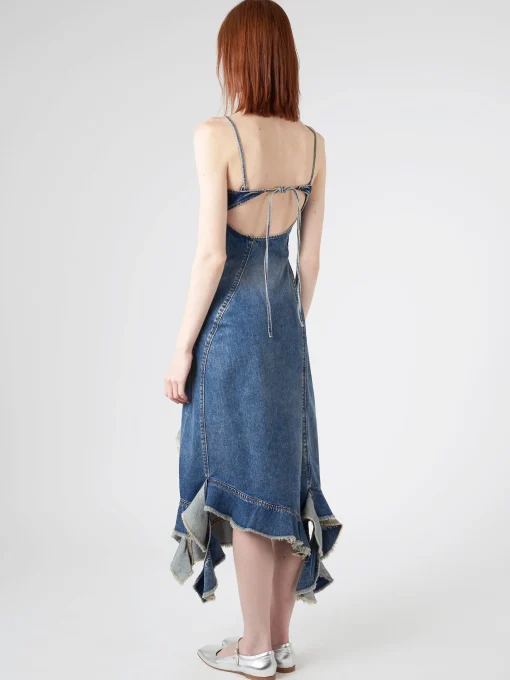 Discount - Delouise Ruffle Strap Denim Dress in Mid Blue Women Dresses | Denim