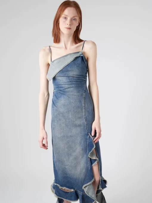 Discount - Delouise Ruffle Strap Denim Dress in Mid Blue Women Dresses | Denim