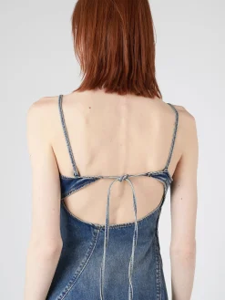 Discount - Delouise Ruffle Strap Denim Dress in Mid Blue Women Dresses | Denim