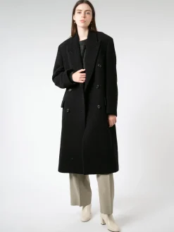 New - Double-Breasted Wool Coat in Black Women Outerwear