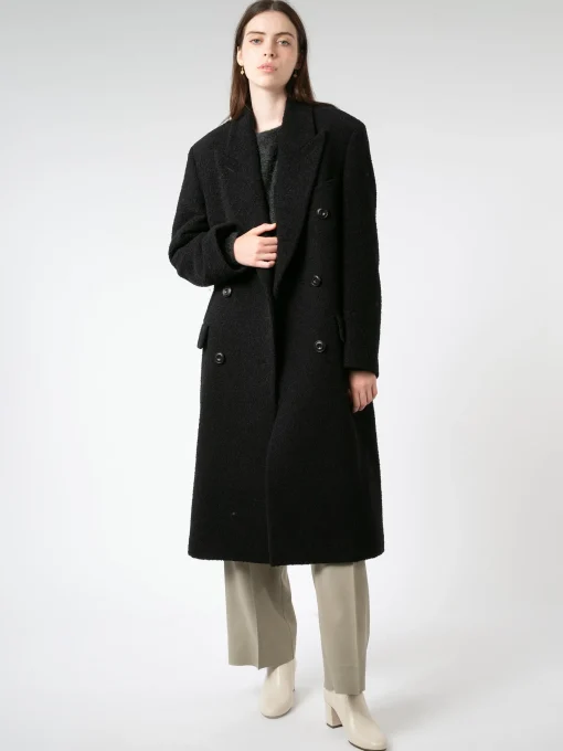 New - Double-Breasted Wool Coat in Black Women Outerwear