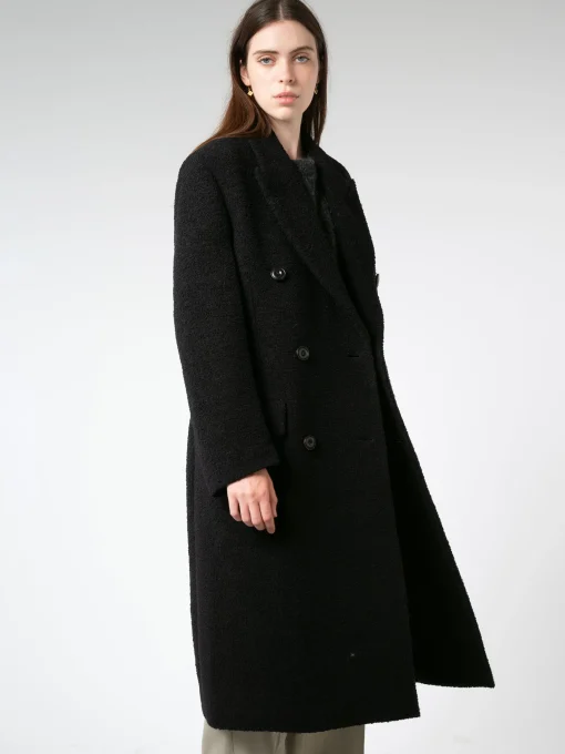 New - Double-Breasted Wool Coat in Black Women Outerwear