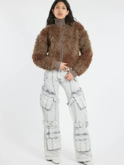 Fashion - Freya Faux Fur Jacket in Mud Brown Women Outerwear