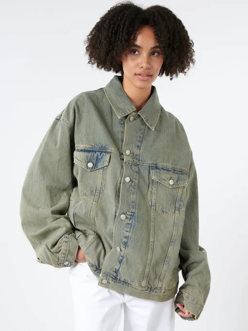 New - Kataya U Delta Denim Jacket in Blue and Beige Women Outerwear