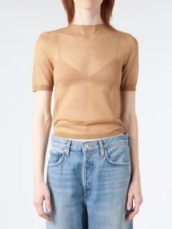 Discount - Kemon Sheer Knit T-Shirt in Camel Beige Women Tops & Blouses | T-Shirts