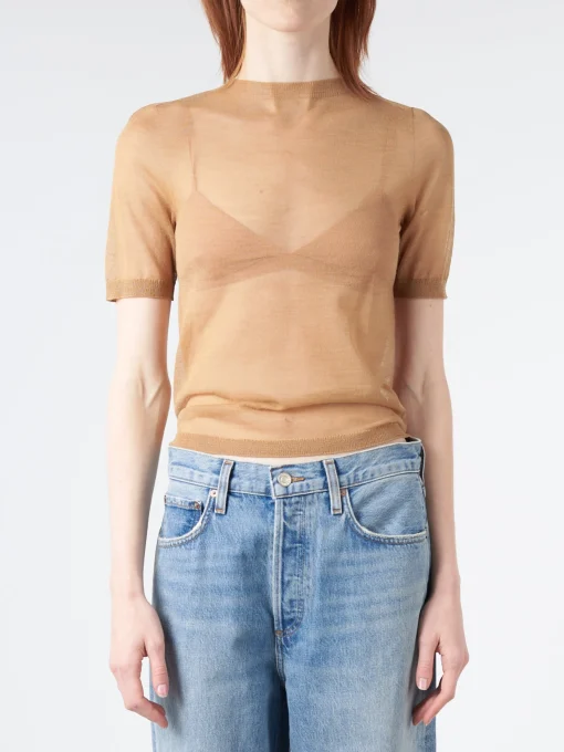 Discount - Kemon Sheer Knit T-Shirt in Camel Beige Women Tops & Blouses | T-Shirts