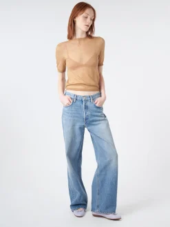 Discount - Kemon Sheer Knit T-Shirt in Camel Beige Women Tops & Blouses | T-Shirts