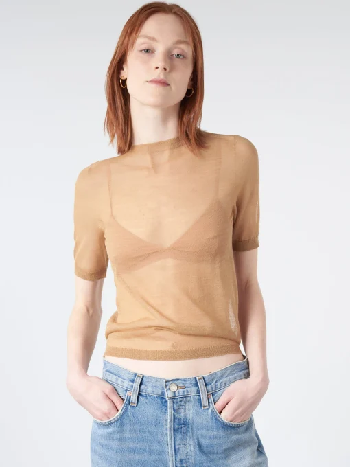 Discount - Kemon Sheer Knit T-Shirt in Camel Beige Women Tops & Blouses | T-Shirts