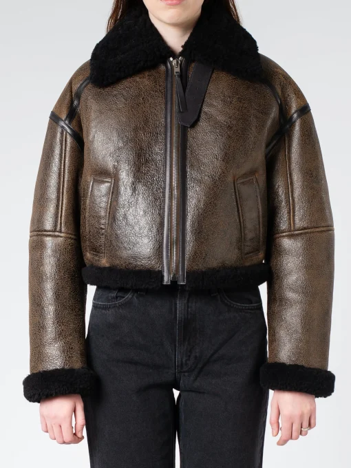 New - New Lete Shearling Jacket in Dark Brown and Black Women Outerwear