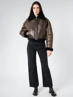 New - New Lete Shearling Jacket in Dark Brown and Black Women Outerwear
