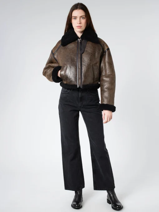 New - New Lete Shearling Jacket in Dark Brown and Black Women Outerwear