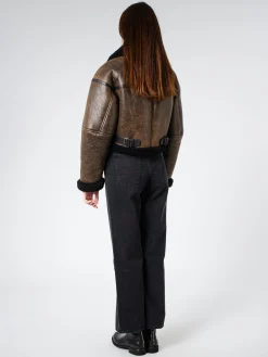 New - New Lete Shearling Jacket in Dark Brown and Black Women Outerwear