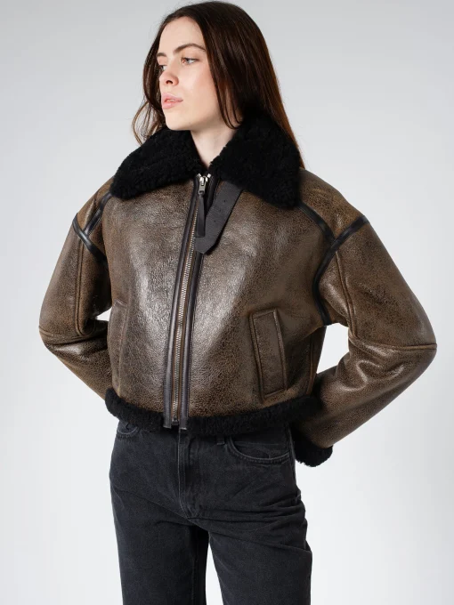 New - New Lete Shearling Jacket in Dark Brown and Black Women Outerwear