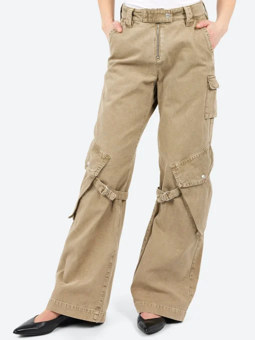 Best - Potinal Cotton Canvas Cargo Trousers in Washed Beige Women Pants