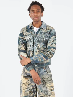 Fashion - Rye Tlo Torn Scribble Denim Jacket in Mid Blue Outerwear