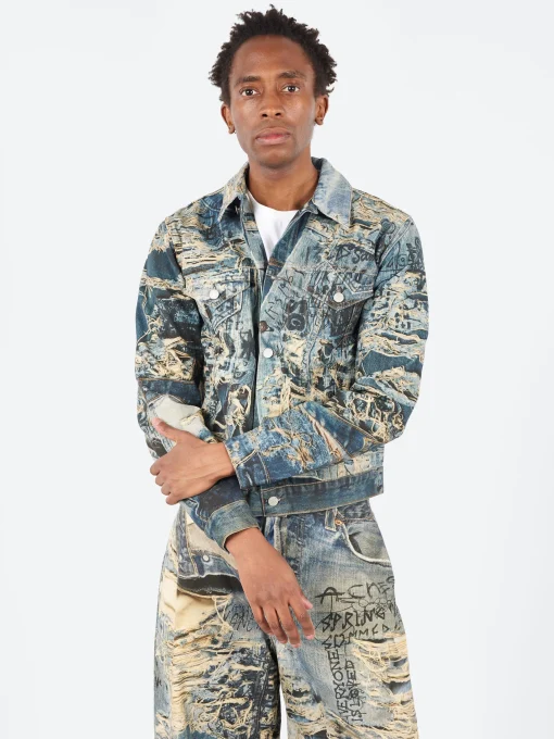 Fashion - Rye Tlo Torn Scribble Denim Jacket in Mid Blue Outerwear