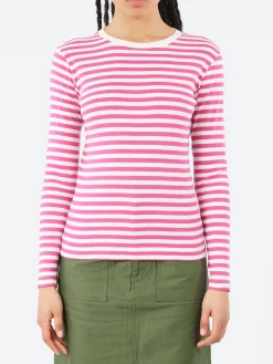 Hot S - Long Sleeve Border T-Shirt in Pink and White Women Tops & Blouses | T-Shirts