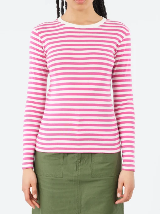 Hot S - Long Sleeve Border T-Shirt in Pink and White Women Tops & Blouses | T-Shirts