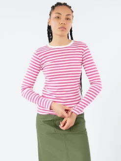 Hot S - Long Sleeve Border T-Shirt in Pink and White Women Tops & Blouses | T-Shirts