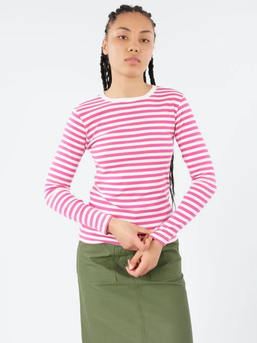 Hot S - Long Sleeve Border T-Shirt in Pink and White Women Tops & Blouses | T-Shirts