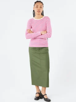 Hot S - Long Sleeve Border T-Shirt in Pink and White Women Tops & Blouses | T-Shirts
