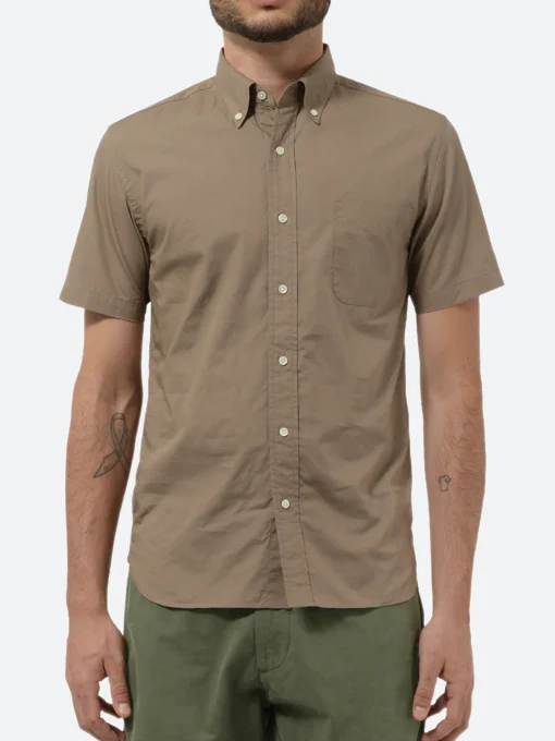 Fashion - Color Broad Short Sleeve Button Down Shirt in Beige Button-Ups