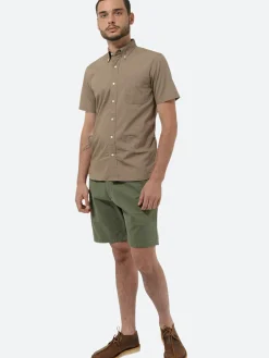 Fashion - Color Broad Short Sleeve Button Down Shirt in Beige Button-Ups