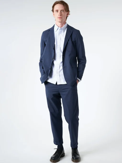 Discount - Ivy Seersucker Trousers in Navy Solid Pants