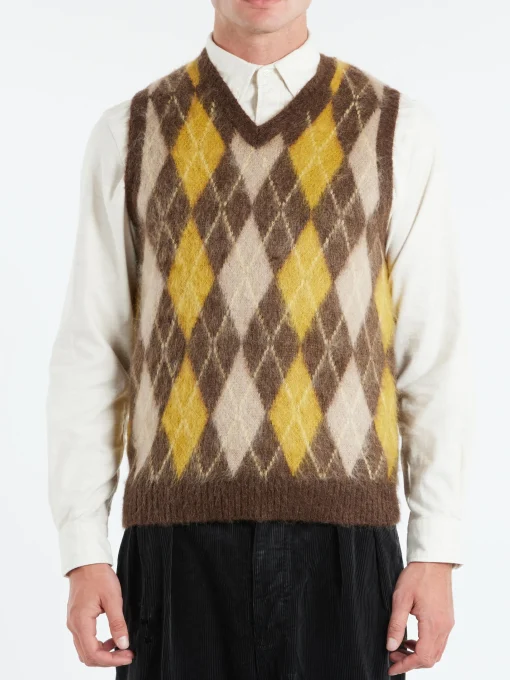 Outlet - Mohair Argyle Vest in Brown Knitwear