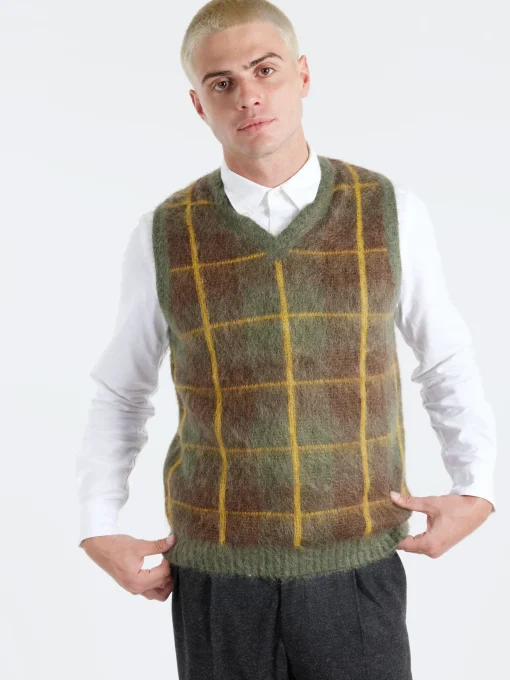 Hot - Mohair Check Vest in Green Knitwear