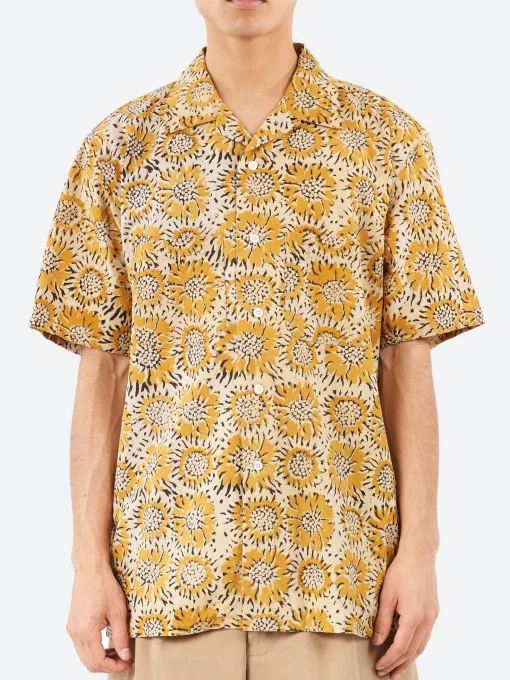 New - Open Collar Sunflower Block Print Shirt in Button-Ups