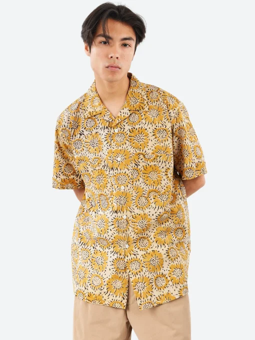 New - Open Collar Sunflower Block Print Shirt in Button-Ups