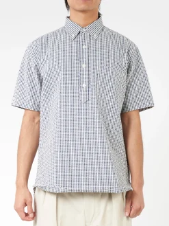 Hot - Seersucker Pullover Short Sleeve Button Down Shirt in Gingham Button-Ups