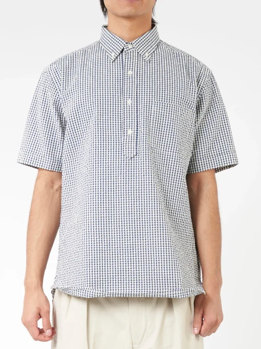 Hot - Seersucker Pullover Short Sleeve Button Down Shirt in Gingham Button-Ups