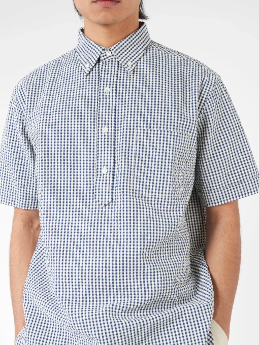 Hot - Seersucker Pullover Short Sleeve Button Down Shirt in Gingham Button-Ups