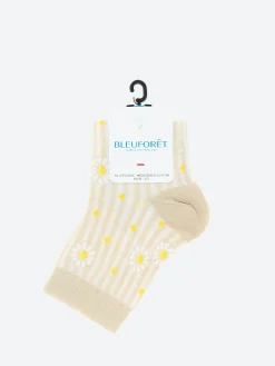 Best - Short Lisle Yarn Daisy Striped Socks in Cream Women Socks & Hosiery | Belts