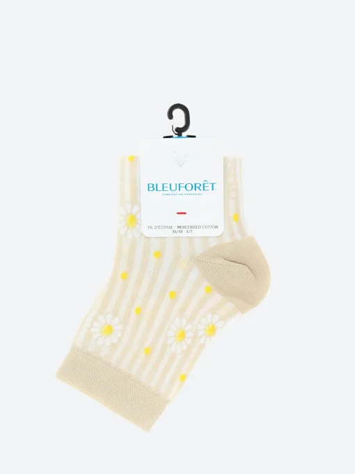 Best - Short Lisle Yarn Daisy Striped Socks in Cream Women Socks & Hosiery | Belts