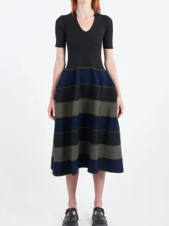 Hot - Pottery Stand-Up Collar Short Sleeve Dress in Black and Multi Women Dresses