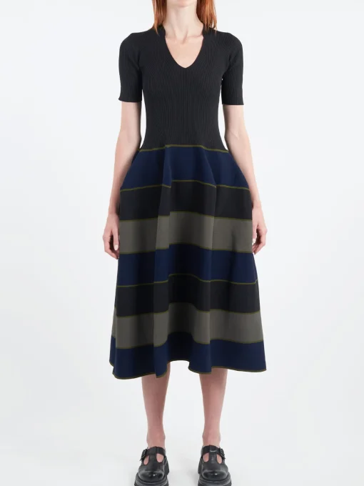 Hot - Pottery Stand-Up Collar Short Sleeve Dress in Black and Multi Women Dresses