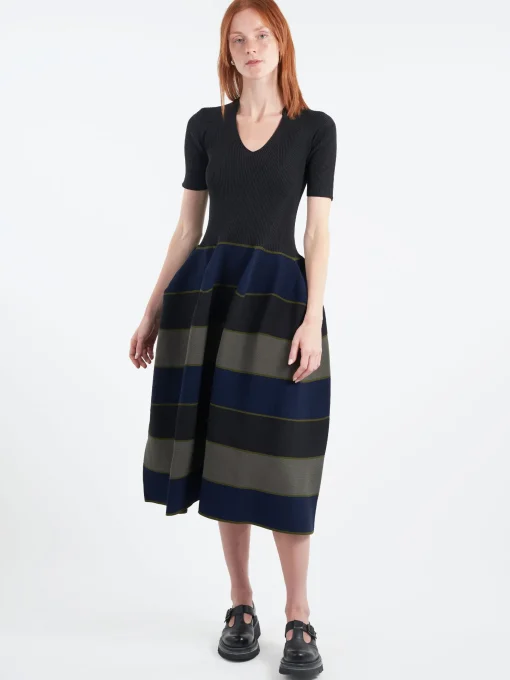 Hot - Pottery Stand-Up Collar Short Sleeve Dress in Black and Multi Women Dresses