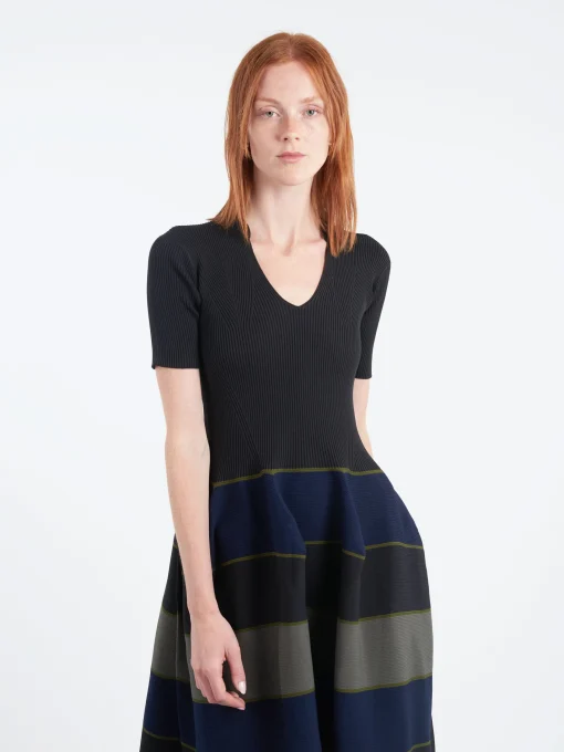 Hot - Pottery Stand-Up Collar Short Sleeve Dress in Black and Multi Women Dresses