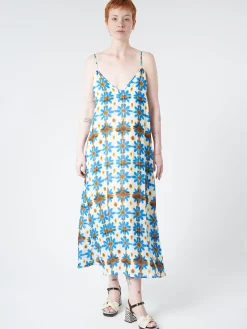 Fashion Chloé Stora - Minorque Dress in Fleurs Ceraminque (Blue, Brow, and Cream Floral) Women Dresses