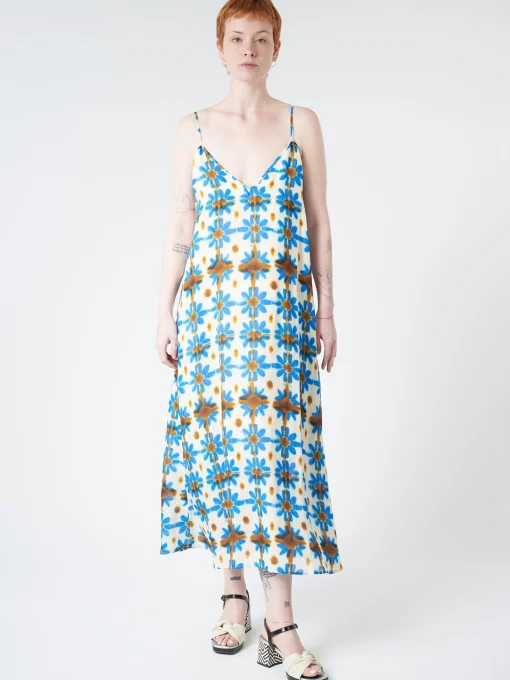 Fashion Chloé Stora - Minorque Dress in Fleurs Ceraminque (Blue, Brow, and Cream Floral) Women Dresses
