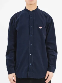 Sale - Corduroy Band Collar Shirt in Dark Navy Button-Ups
