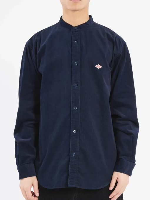 Sale - Corduroy Band Collar Shirt in Dark Navy Button-Ups